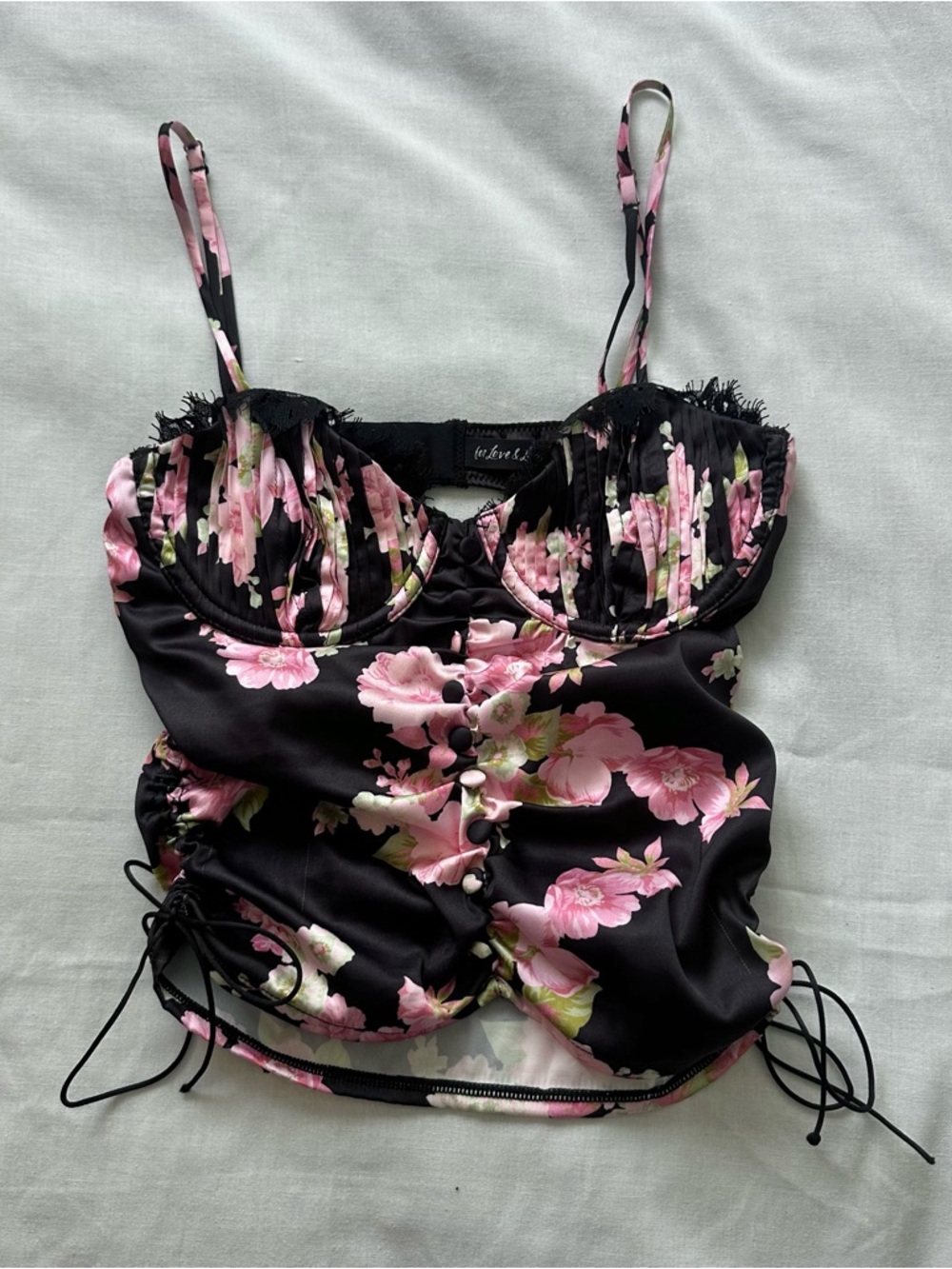 For Love and Lemons Melrose Bustier Top - Black with Pink Floral pattern